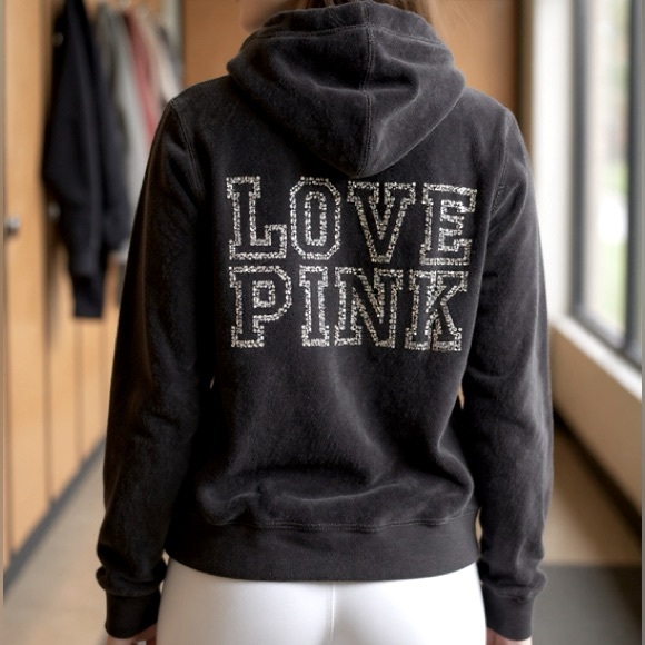 Victoria's Secret Black Velvet Hoodie Love Pink Embellishment Dog Motif - Picture 2 of 12